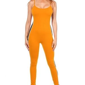 Fishnet Tank Mustard Jumpsuit Mesh Stripe Detail